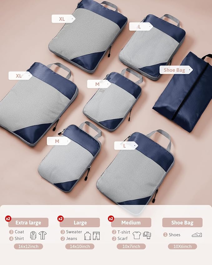 Meowoo 7 Set Compression Packing Cubes for Travel, Durable Ripstop Mesh Suitcase Organizer with Shoe Bag, Ultralight & Expandable Space Saver Travel Cubes
