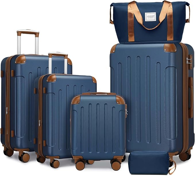 6 Piece Luggage Set Hard Shell - Navy Blue Expandable Suitcases with Spinner Wheels and Duffel Bags for Family Travel, Durable Carry On Luggage Sets with Lock for Women and Men
