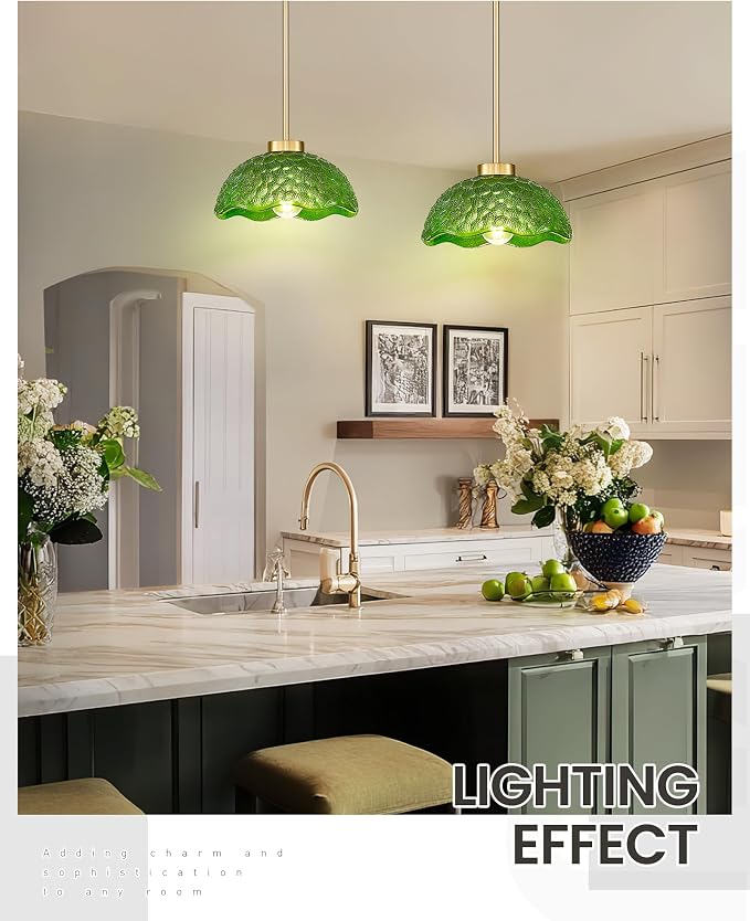 zeyu 10.4 Inch Green Glass Pendant Lightings, Brushed Gold 1 Light Island Light Fixtures, Hanging Lamps 2 Pack with Green Hammered Glass, ZJX116M1L-2PK BG G