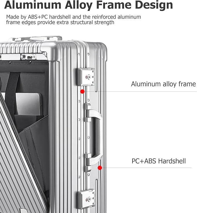 feilario Aluminium Frame PC Hard Shell Spinner Wheels Luggage,20.8"X15"X8.7 Airline Approved Built-In TSA lock Carry on Suitcase, with Cup Holder, USB Port, Phone Holder