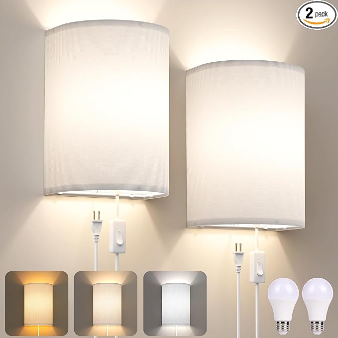 Yunaking Plug in Wall Sconces Set of Two Wall Lights with On/Off Switch | Stepless Color Temperature Wall Lamps with Fabric Linen Shade for Bedroom Living Room & Hallway- Indoor Corded Wall Decor