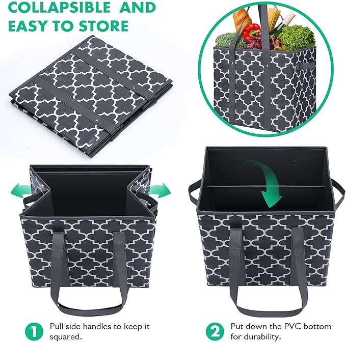 WISELIFE Reusable Grocery Bags 2-Pack Foldable Washable Large Storage Bins Basket Water Resistant Shopping Tote Bag Dark Grey