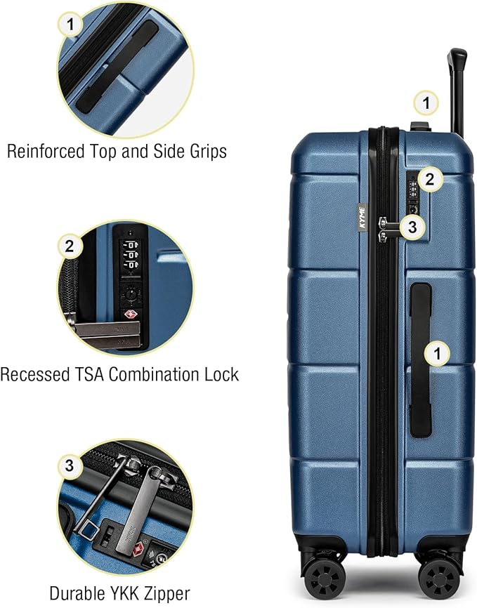 KYME 24 Inch Luggage TSA Approved Hardshell Suitcases with Spinner Wheels Durable PC+ABS Medium Checked Travel Luggage for Women Men Blue