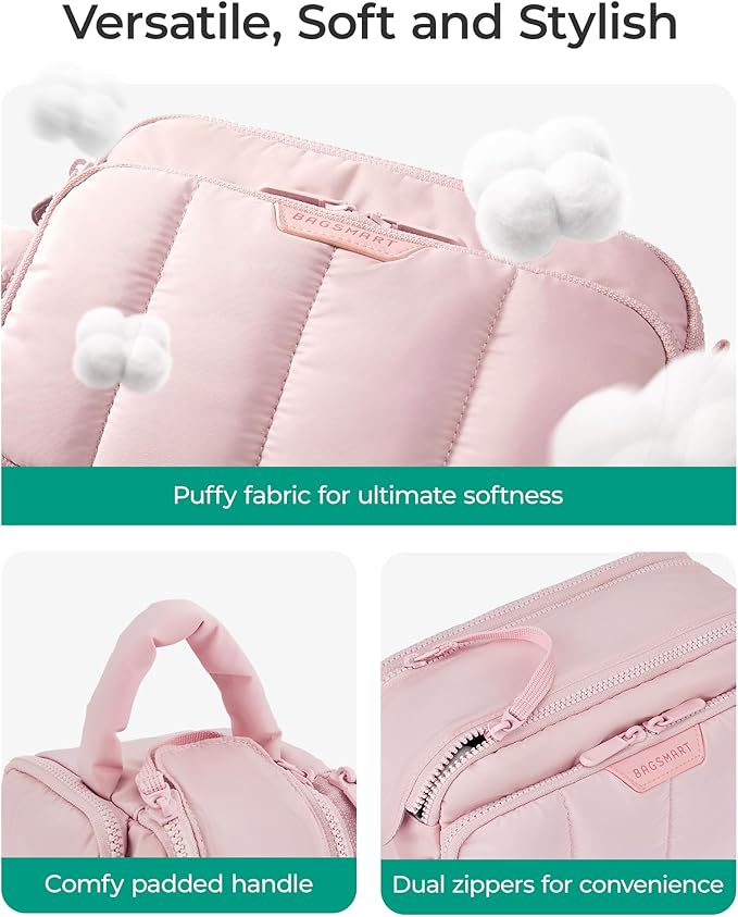 BAGSMART Travel Makeup Bag Organizer, Puffy Make Up Bag, Cosmetic Organizer Case for Travel Essentials Toiletries Accessories Bottles, Brushes (Pink)
