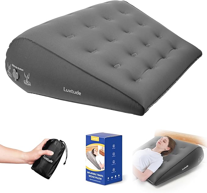 Luxtude Inflatable Wedge Pillow for Traveling, Bed Wedge Pillow for Sleeping, Acid Reflux Relief, Adjustable Travel Wedges Pillows for Sleep Apnea, Post-Surgery, Snoring, Back & Leg Support (Gray)