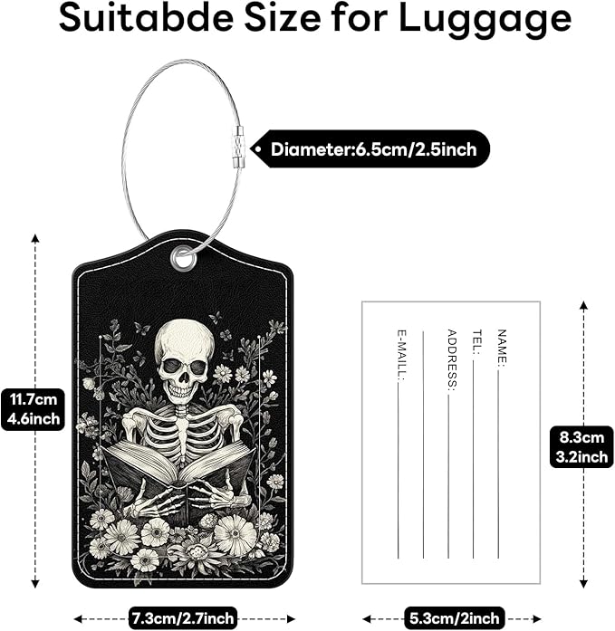 2 Pack PU Leather Luggage Tags for Suitcases, Privacy Protection Cover with Stainless Steel Loop and Address Card, Travel Cruise Essentials (Book Skull)