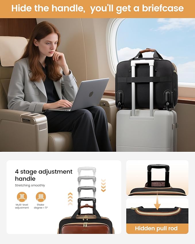 LOVEVOOK Rolling Laptop Bag Women, 17.3 Inch Laptop Briefcase with Wheels for Work Travel Business, Underseat Carry On Luggage Case,Black
