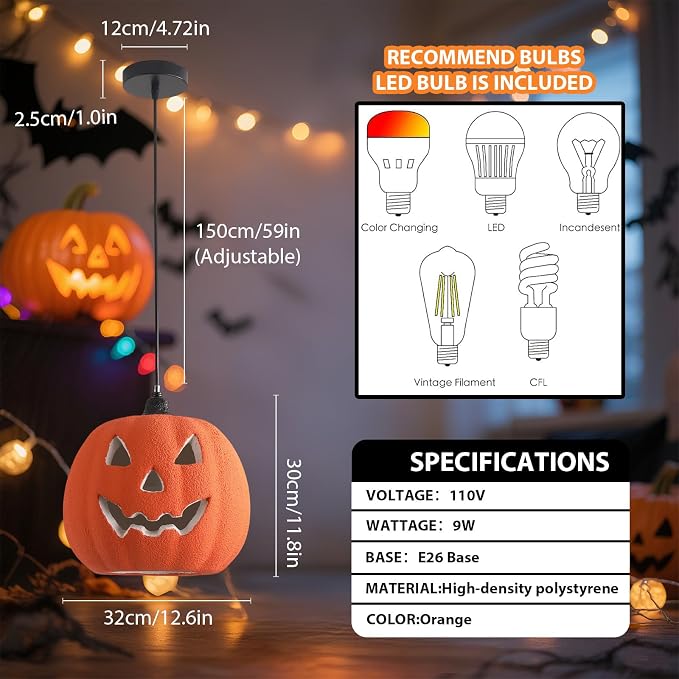 JAYMP Halloween Light Up Pumpkin Pendant Light, Jack O Lantern, Living Dining Room Hanging Lamp E26 Base Lighting Fixture (Orange, 12.6in Small Size)