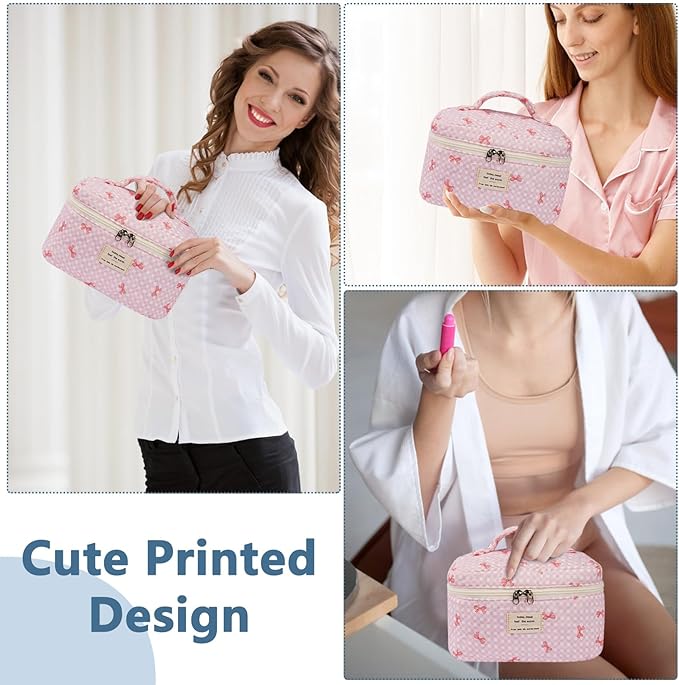 Large Makeup Bag, Cute Cosmetic Bag for Women Girls, Floral Coquette Aesthetic Toiletry Bag, Travel Make Up Organizer Bag (Pink Butterfly)