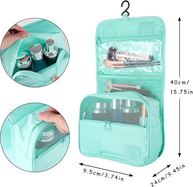 Pengxiaomei Hanging Toiletry Bag, Mint Green Waterproof Cosmetic Bag Portable Makeup Pouch Travel Wash Bag with Handle for Kids Teen Girls Wedding Mothers Day Gifts