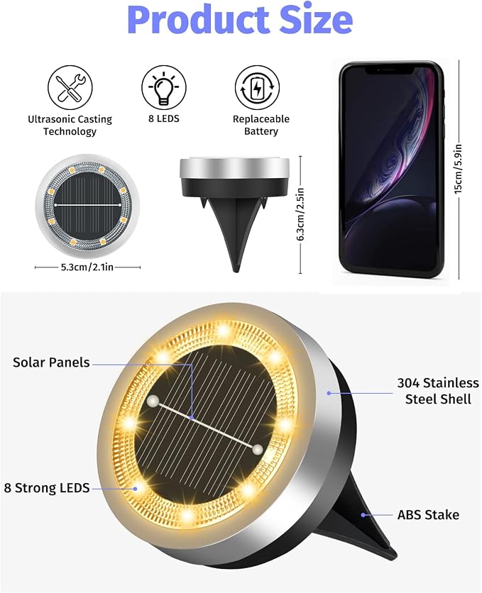 2.1 inch Mini Solar Ground Lights 16 Pack Outdoor IP65 Waterproof Solar Flat Garden Light Anti-Rust Solor Powered Disc Pathway Lights for Outside Walkway Yard Landscape Patio Lawn Driveway-Warm White