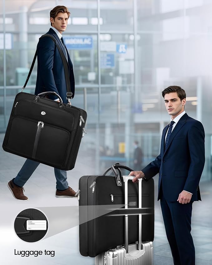 MATEIN Mens Garment Bags for travel, Large Travel Suit Bag Up to 7 Suits with Strap, Wrinkle Free Carry On Garment Bags for Hanging Clothes, Business Suitcase Luggage Bag Fit 17.3 Inch Laptop, Black