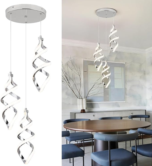 Modern Led Pendant Light Fixture, 45W Chrome Spiral Led Chandelier Hanging Lamp, 4500K Daylight White Pendant Lamp, Adjustable Height Pendant Light for Dining Room Bedroom Kitchen Island (3 Light)