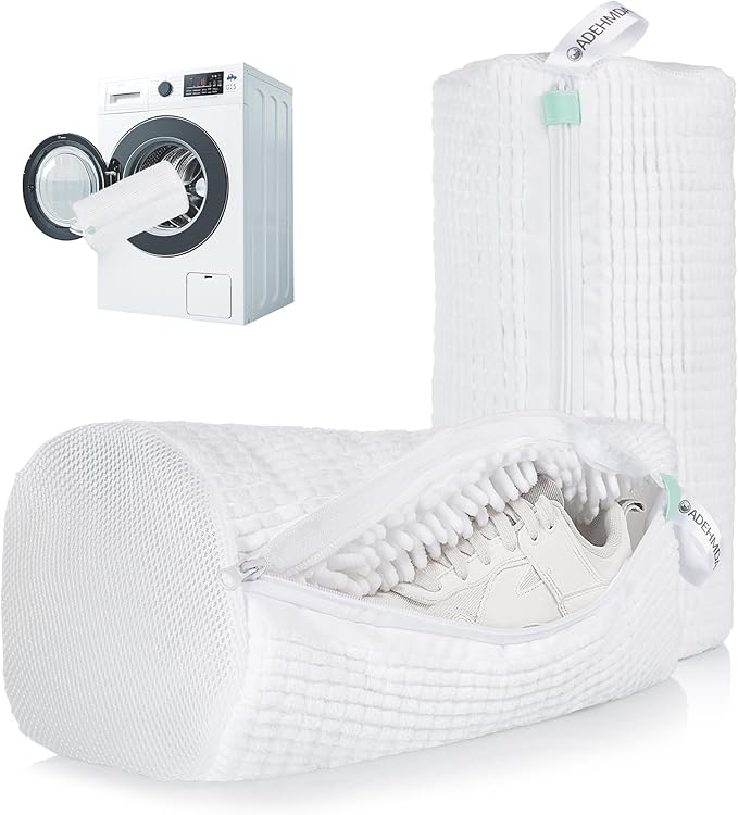 2Pcs Shoe Washing Machine Bag, Sneaker Laundry Bag for Washing Machine, Extra Long and Thick Microfibre Fluff, Reusable for Washer and Dryer (2pcs, White)