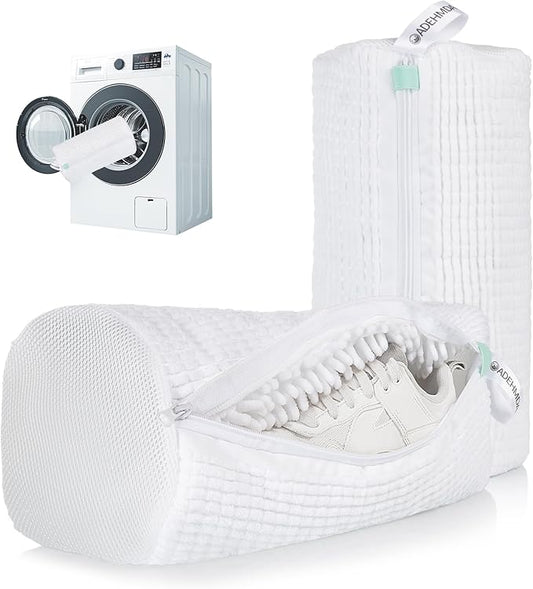 2Pcs Shoe Washing Machine Bag, Sneaker Laundry Bag for Washing Machine, Extra Long and Thick Microfibre Fluff, Reusable for Washer and Dryer (2pcs, White)