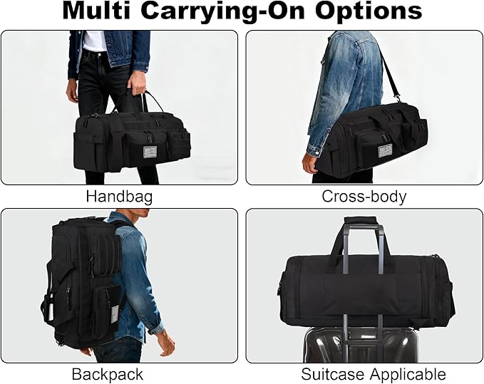 LHI 50L Tactical Duffle Bag for Men, 3-in-1 Gym Duffle and Backpack, Shoe Compartment, Laptop Sleeve and MOLLE, Carry-On Travel Weekender and Overnight Bag – Black