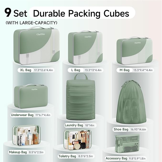 11 Set / 9 Set Packing Cubes for Travel,Gifts for Women Mom Kids,TSA Approved Bags for Makeup, Cosmetic, Toiletry, Organizers for Suitcase Carry On,Cruise Essentials Airplane Accessories,Matcha Green