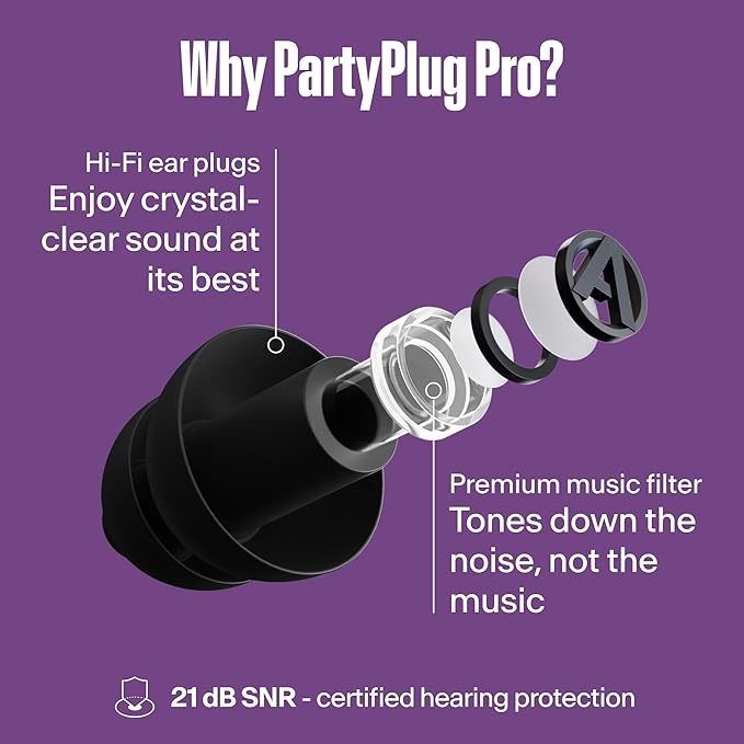 Alpine PartyPlug Concert Ear Plugs - Noise Reduction Ear Plugs for Party, Concert, Festival and Music - Reusable Earplugs (Pro Black (Multisize))