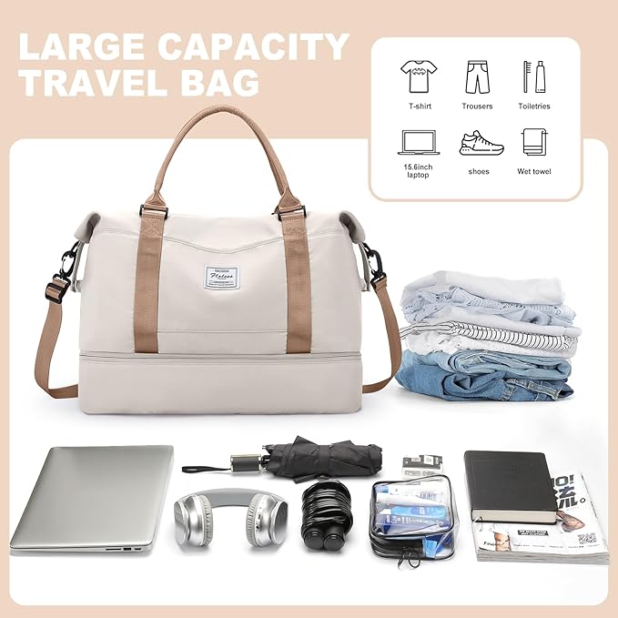 Weekender Bags for Women, Travel Duffel Bags with Shoe Compartment,Personal Item Travel Bag for Airlines, Carry on Overnight Tote Bag for Women with Toiletry Bag，Beige&Brown