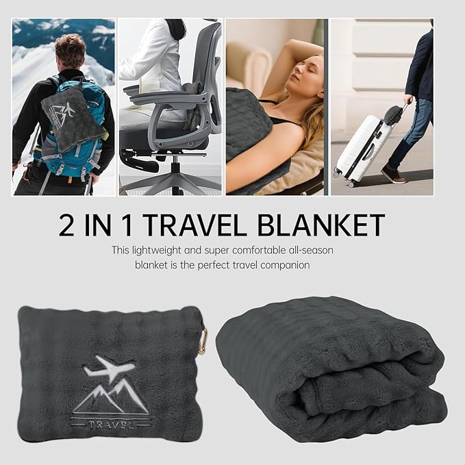 Travel Blanket and Pillow-2-in-1, Ultra-Soft&Compact, Airplane Blanket with Hand Luggage Belt and Backpack Clip,Travelers Accessories Gifts, 61x43 Inches（Dark Gray）