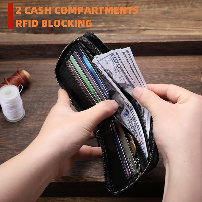 BULLCAPTAIN Genuine Leather Men's Wallet with Zipper Vintage RFID Blocking Large Capacity Wallet for Men with 14 Credit Card Slots and 1 ID Window T23 (Black)
