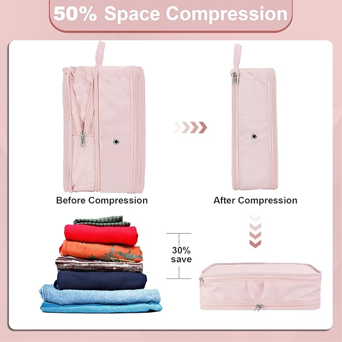 Compression Packing Cubes for Travel Essentials, 2pc Expandable Travel Cubes for Packing Bags Suitcase Organizer, Pink