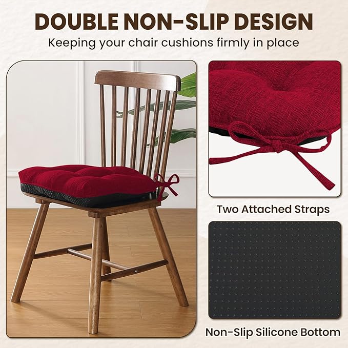 downluxe Indoor Chair Cushions for Dining Chairs, Tufted Overstuffed Textured Kitchen Chair Pads with Ties and Non-Slip Backing, 15.5" x 15.5" x 4", Red, 4 Pack