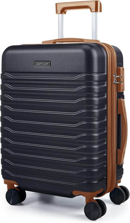 LIGHT FLIGHT Expandable Carry On Luggage 22x14x9 Airline Approved with Double Spinner Wheels, 20 Inch Lightweight Hard Shell Rolling Suitcases with TSA Lock, Black Brown