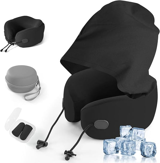 Neck Pillow for Travel, Premium Carbon-Infused Memory Foam, Cooling Fabric Pillow for Airplane, 360° Neck Support for Long Flights, Hooded Travel Pillowl for Planes, Cars and Office, Hooded, Black