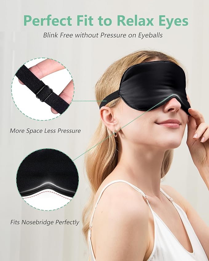 BeeVines 100% Real Mulberry Silk 2 Pack Sleep Mask, Pure Silk Eye Masks with Adjustable Strap for Sleeping, 100% Block Light Eye Shade Cover, Reduces Puffy Eyes Traveling Gifts(Black & Pastel Blue)
