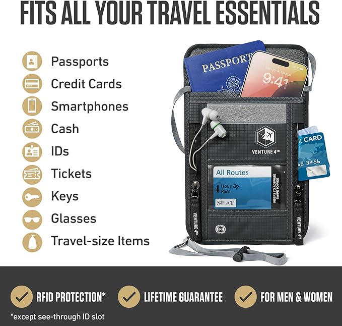 VENTURE 4TH Neck Wallet for Women & Men – RFID Blocking Passport Holder for Travel, Hidden Neck Pouch with 6 Compartments, Slim Lightweight Travel Organizer with Adjustable Strap (Gray)