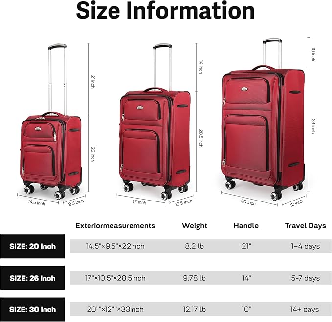 Softside Luggage Sets 3 Piece,Expandable Lightweight Durable Suitcase Sets Double Spinner Wheels w/Combination LOCK （20''/26''/30''）#Red