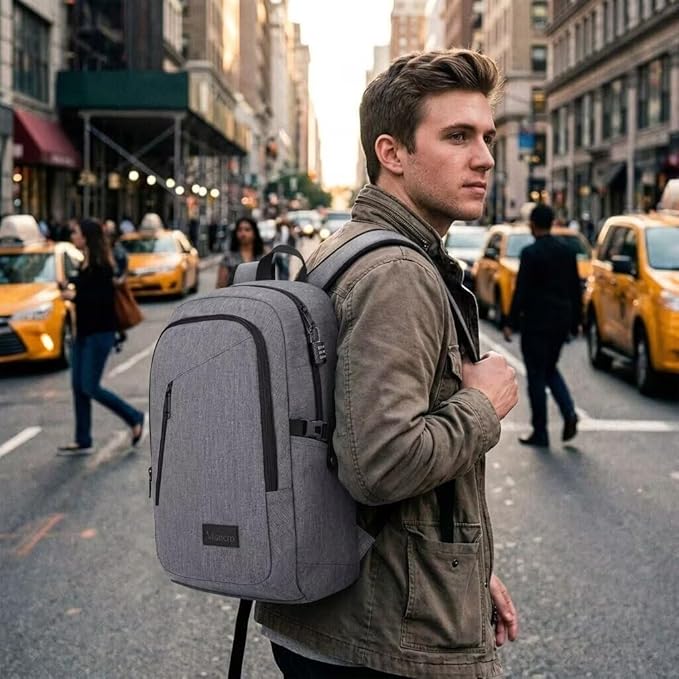 Mancro Laptop Backpack for Travel, Anti-theft Laptop Backpack for Men Business Backpack Work Daypack with Lock, Water Resistant Travel Computer Bag Daypack, Grey