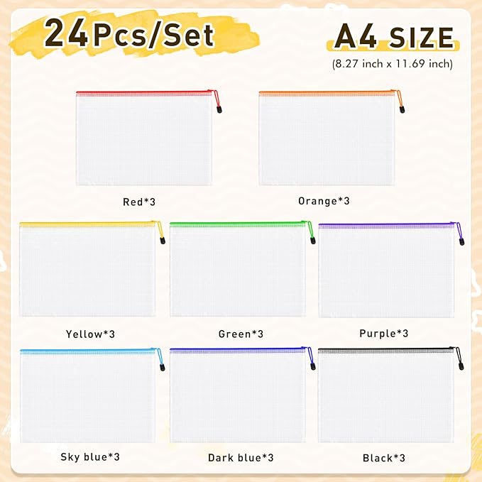 24pcs Mesh Zipper Pouch Bags, A4 Letter Size 8 Colors Plastic Zipper Bags for Organizing Storage, Clear Pouches with Zipper, Waterproof Mesh Bags for School Supplies, Home Organize, Travel Storage