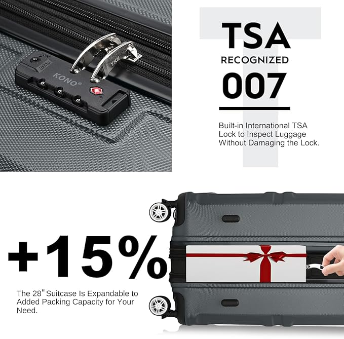 Kono 28 Inch Luggage Expandable Suitcase with Spinner Wheels TSA Lock Lightweight PC+ABS Hardside Large Checked Luggage Durable Rolling Suitcase Grey