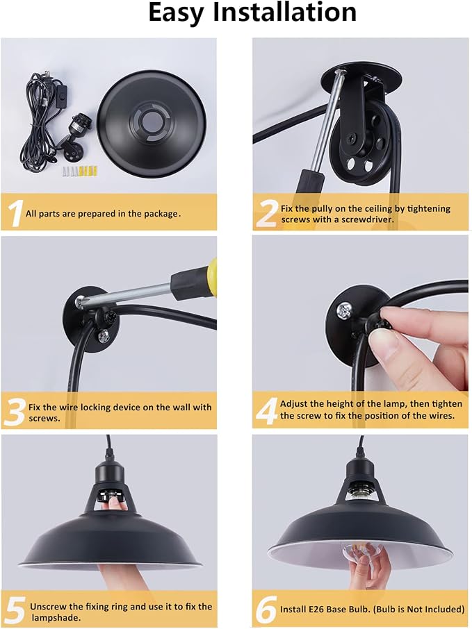 Lomoky Plug in Pendant Light, Hanging Lamp with Black Barn Pendant Lighting with 14.76ft Cord On/Off Switch, Adjustable Pulley Hanging Pendant Lighting for Kitchen Bedroom Restaurant 2 Pack