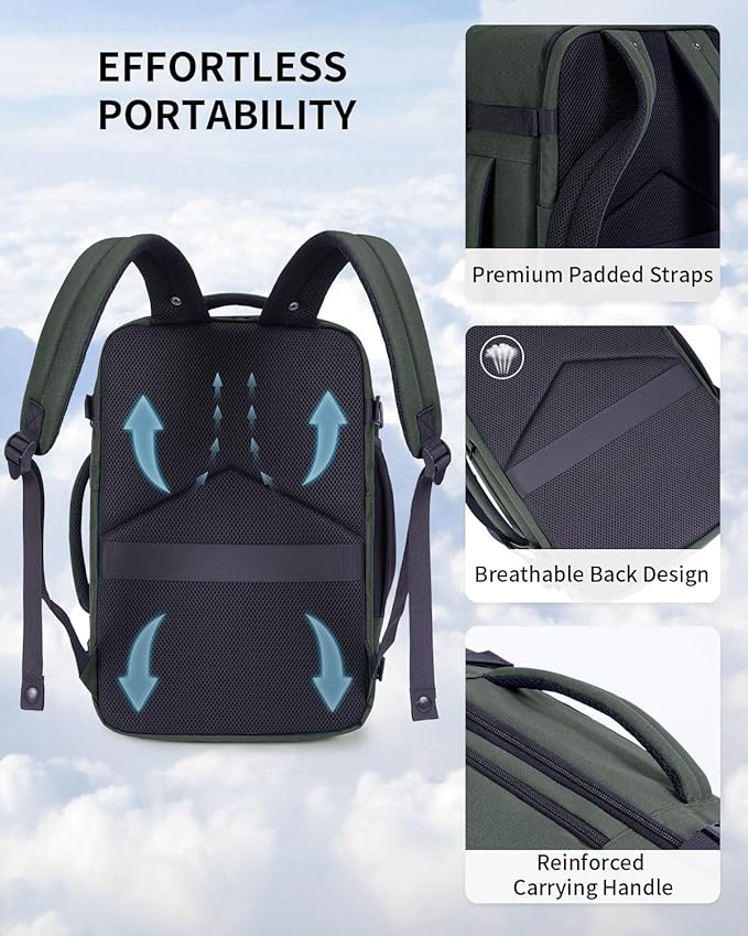 ECOHUB 17" Small Travel Backpack, United Airlines Personal Item Bag 17x10x9 with 16 Pockets, Water Resistant Rucksacks Fit 15.6" Laptop, AirTag Pocket, Lightweight Casual Daypack, 25L, Green