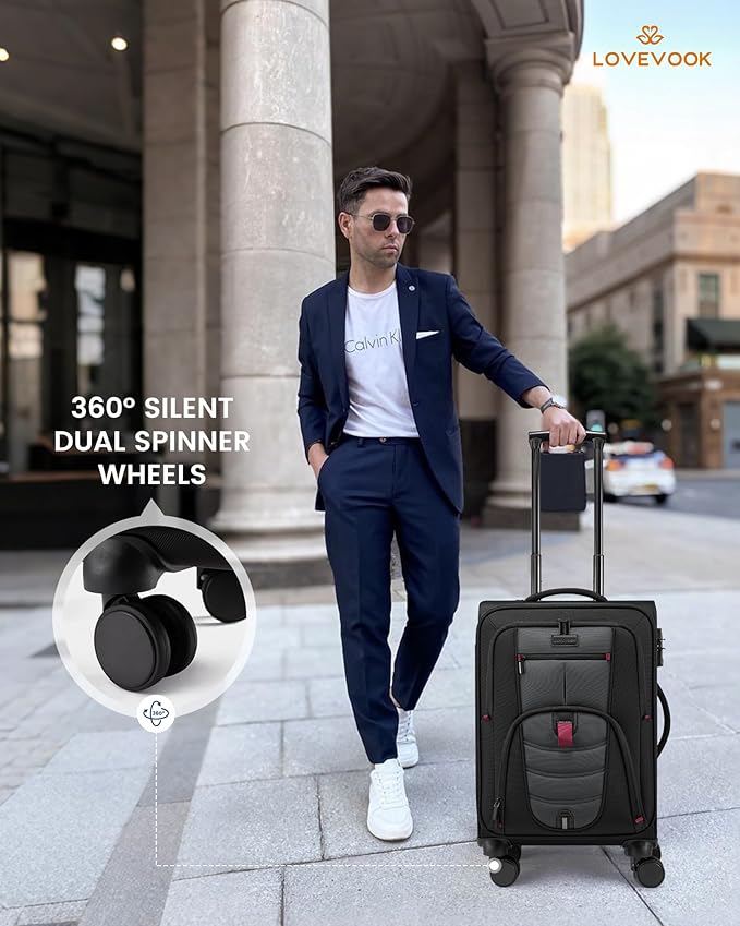 LOVEVOOK Business Softside Checked Luggage with 15.6/17.3 Inch Laptop Compartment, 24 Inch Checked Suitcase with Spinner Wheels Large Capacity Luggage with TSA Lock for Business Trip Travel Grey&Black