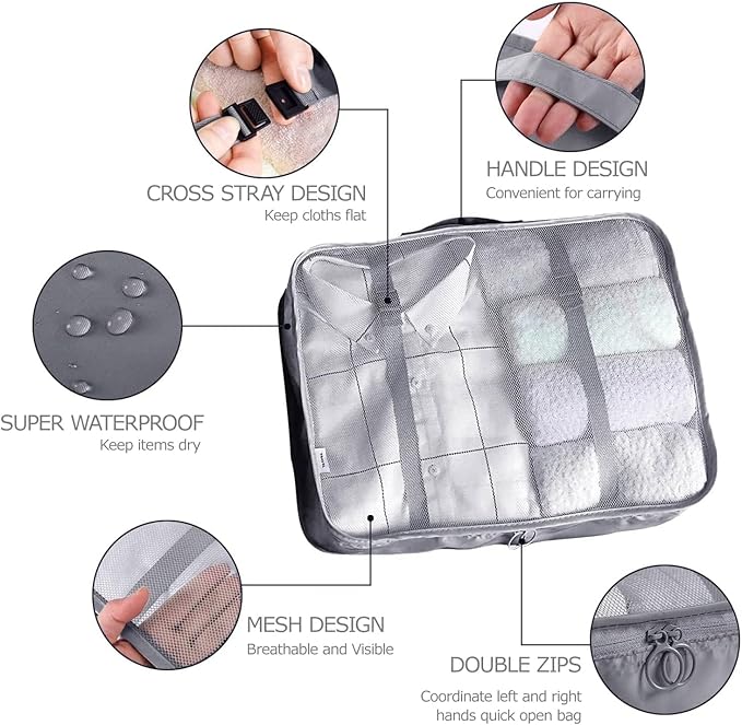 8 Set Packing Cubes for Suitcases Travel Luggage Packing Organizers,Travel Essentials Accessories Luggage Organizer with Shoe Bag Tioletry/Laundry Bag（Grey）