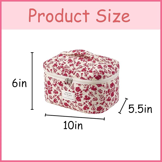 uekeboag Large Travel Quilted Makeup Bag for Women, Floral Cotton Cosmetic Bag, Coquette Aesthetic Floral Toiletry Organizer Bag