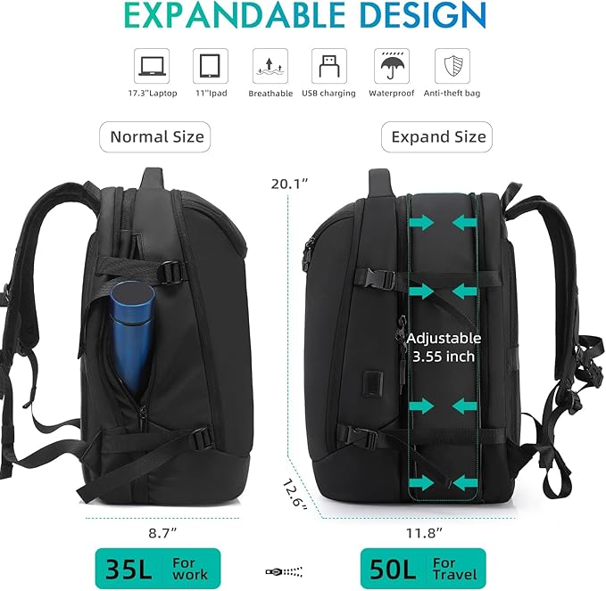 TANGCORLE Travel Carry on Backpack 50L Expandable Flight Approved Backpacks 17.3 inch Laptop and USB Charging Port bags Water Resistant Business Back Pack for Women & Men