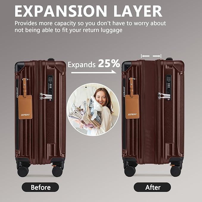 Joyway 20in Carry On Luggage with Cup Holder and USB Port, 25% Expandable Capacity, Smart Suitcase Set with Anti Slip Wheels and Handbag, Perfect for Men and Women (Coffee, Carry-On 20-Inch Handbag)