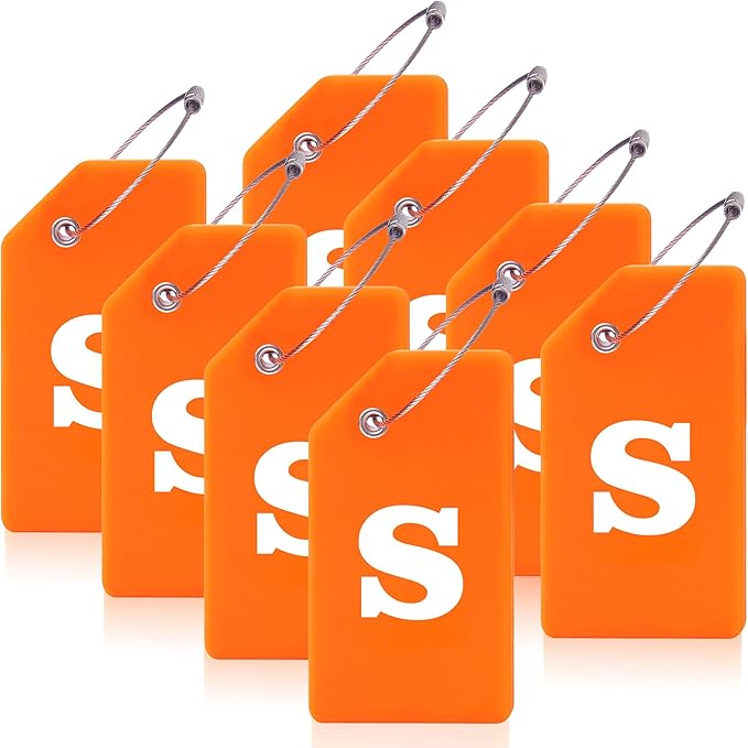 Gostwo 8 Pack Luggage Tags for Suitcases, 26 Initial Letter Travel Luggage Baggage Identification Labels ID Tags Fully Bendable Tags with Stainless Steel Loop (Letter S, Orange)