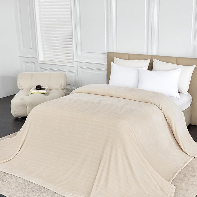 Extra Large 120x120 Inch Giant Soft Cozy Fleece Blanket, Huge Oversized Seamless King 3D Jacquard Decorative California King Blanket for Bed, Couch, Travel - Striped Khaki