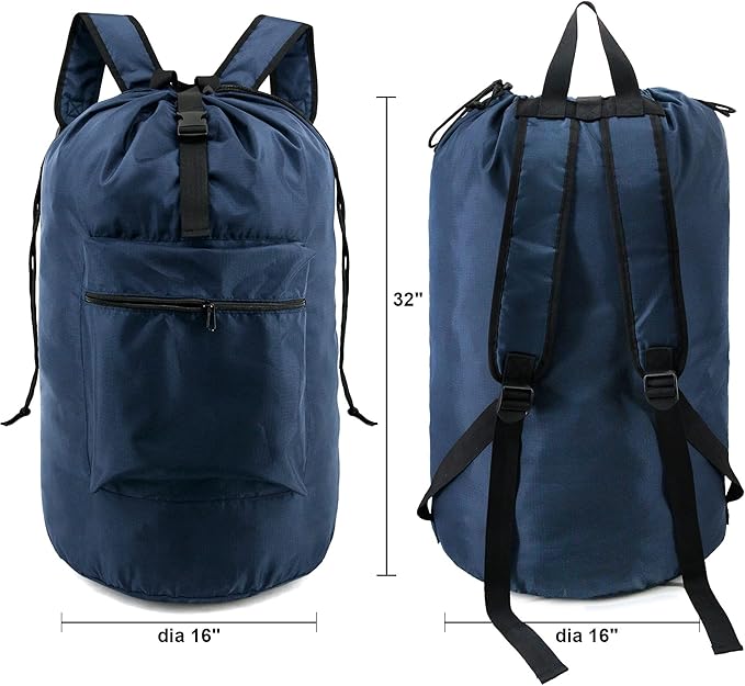 BeeGreen Navy Blue Travel Laundry Bag w Drawstring & Handle College Dorm Room Essentials w Adjustable Shoulder Straps Washable Sturdy Laundry Hamper Sack Dirty Laundry Travel Bag for Camping