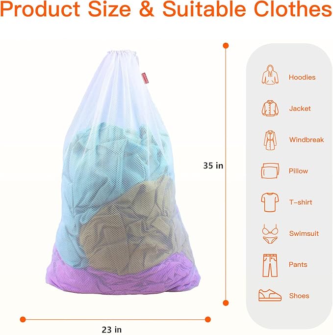 2 Pack Mesh Laundry Bags, 23 x 35 Inches Heavy Duty Mesh Wash Bags with Drawstring Closure for College, Dorm, Travel, Family and Apartment Dwellers, White