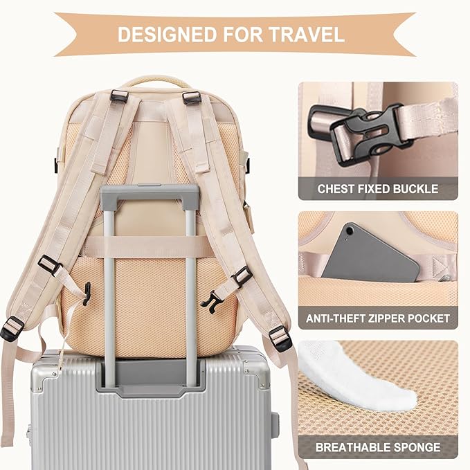 coowoz Large Travel Backpack For Women Men, Carry On Backpack,Hiking Backpack Waterproof Outdoor Sports Rucksack Casual Daypack Expandable Heavy Duty Extra large Backpack Beige Expansion