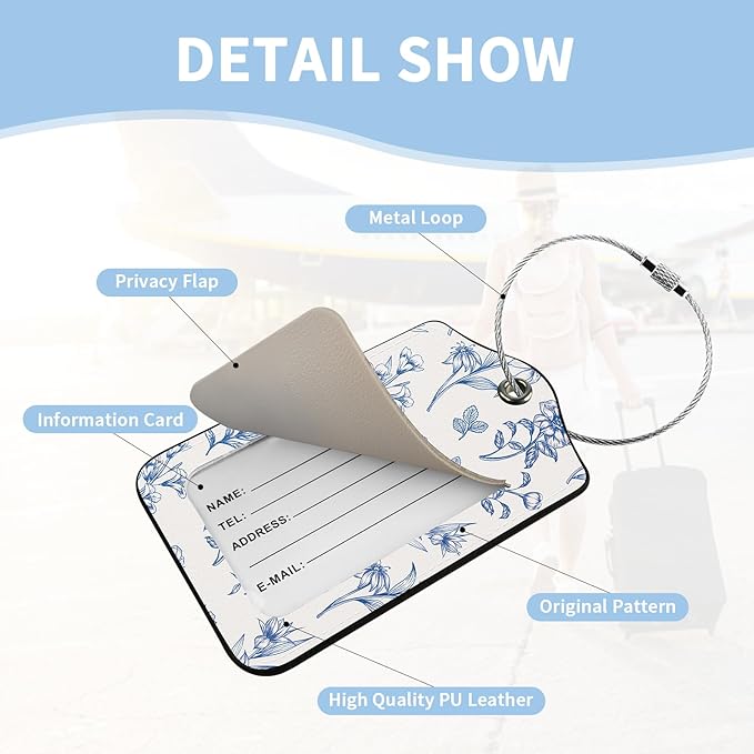 2 Pcs Luggage Tag for Suitcases, Floral Cute PU Leather Suitcase Tag Privacy Cover Name ID Label with Metal Loop, Personalized Baggage Identifier for Women Cruise Bag Travel Essentials