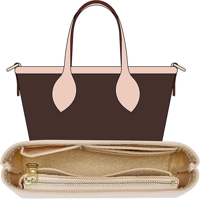 Purse Organizer Insert, Felt Zipper Small Tote Handbag Organizer Compatible with neverfull BB, mini anjou, energy xs and More,Beige/XS