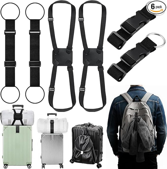 Sadnyy 6 Pack Luggage Straps for Suitcases, Adjustable Travel Belt to Add a Bag, Suitcase Connector Straps for Carry on Luggage Bungee Elastic Travel Accessories with Backpack Attachment (Novel Style)